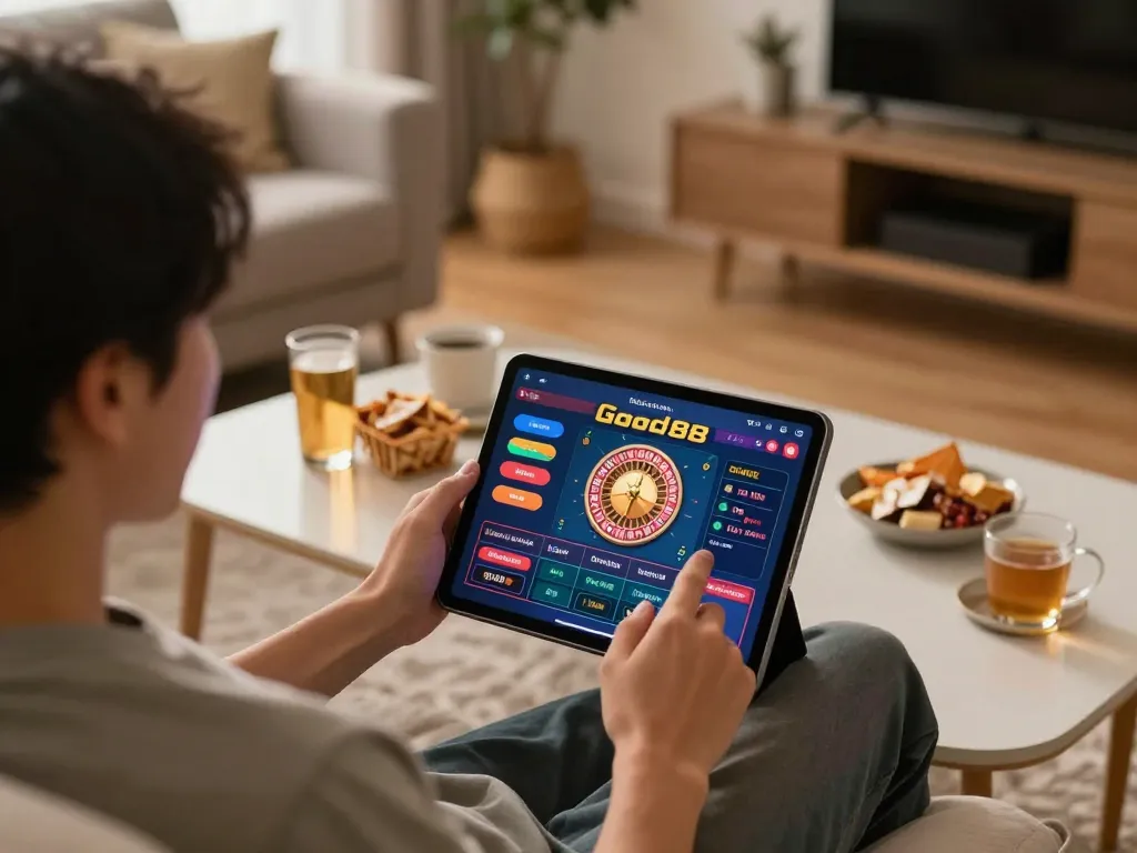 Good88 app interface for an online roulette game displayed on tablet while playing from home.