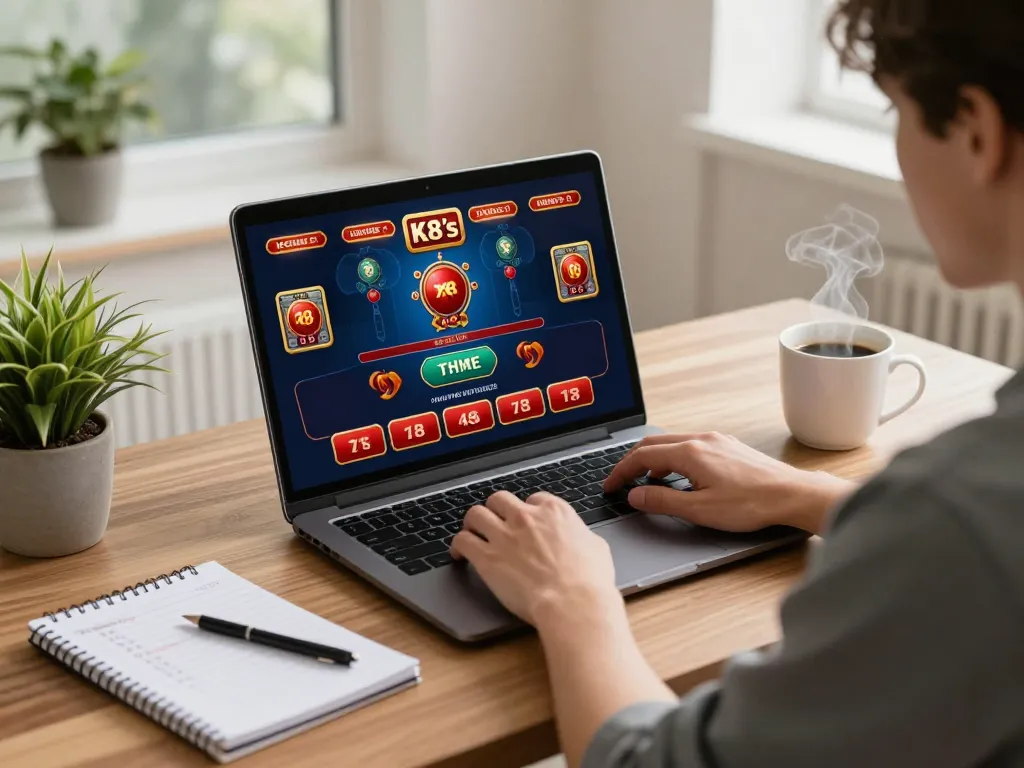 Player strategizing on K8 casino games at a cozy home setup, engaging in responsible gambling.