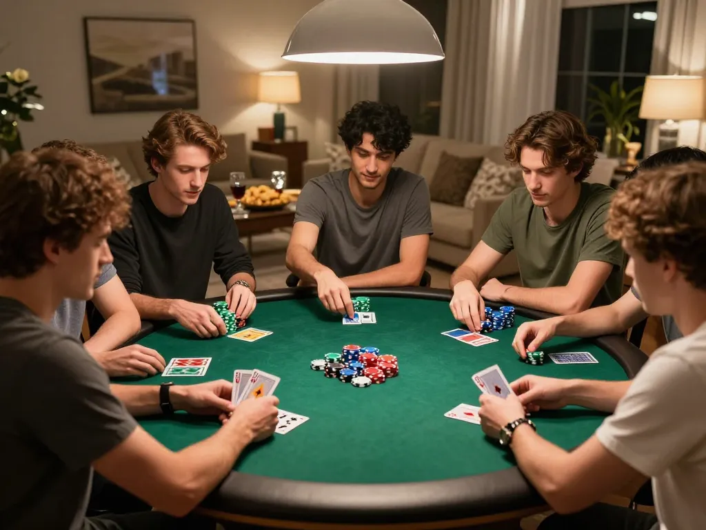Hitclub players engaged in an intense home poker game, showcasing strategic betting and friendly competition.