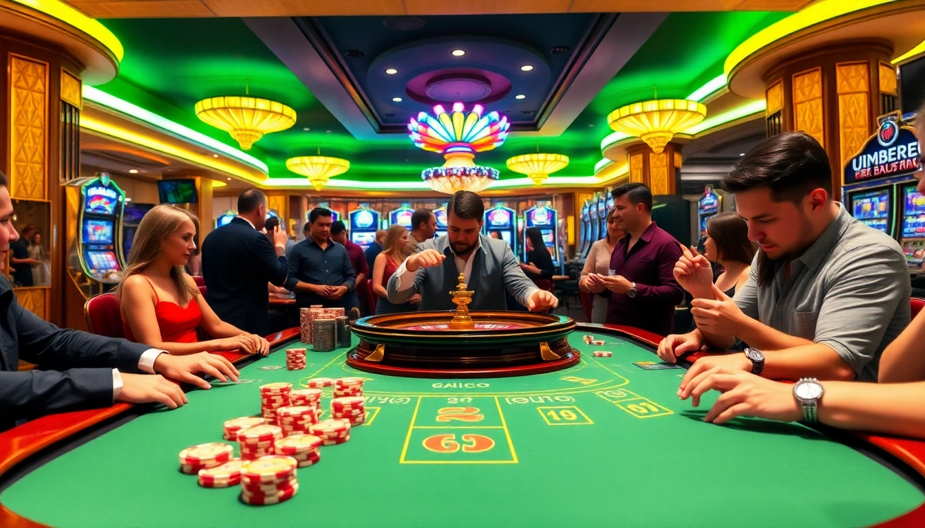 B52 gaming table filled with excitement as players strategize their bets in a luxurious casino atmosphere.