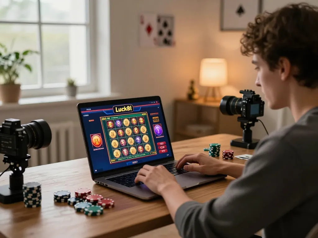 Player enjoying a luck8l online casino gaming experience at home, celebrating a jackpot win with a laptop.