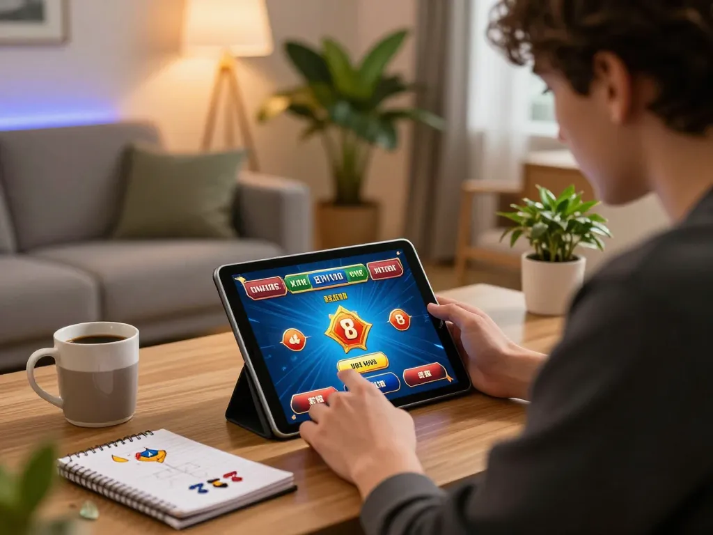 Engaging online gaming experience at Nk 88 with player focused on tablet and strategy notes