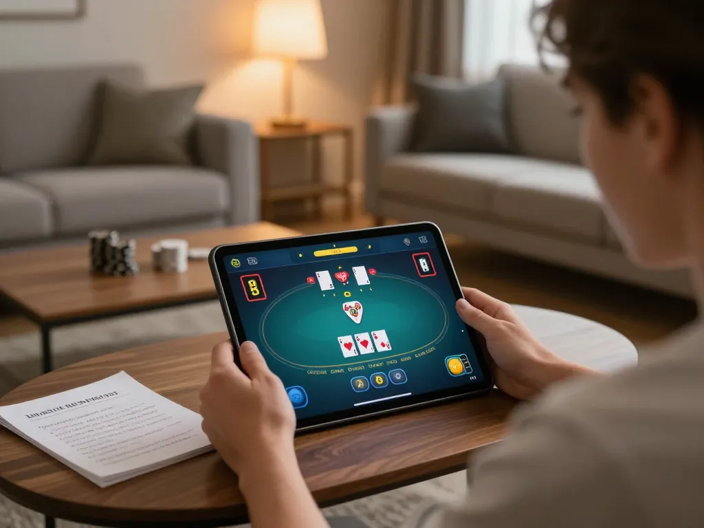 Player strategizing in an online poker game on 92slot from a cozy living room setup