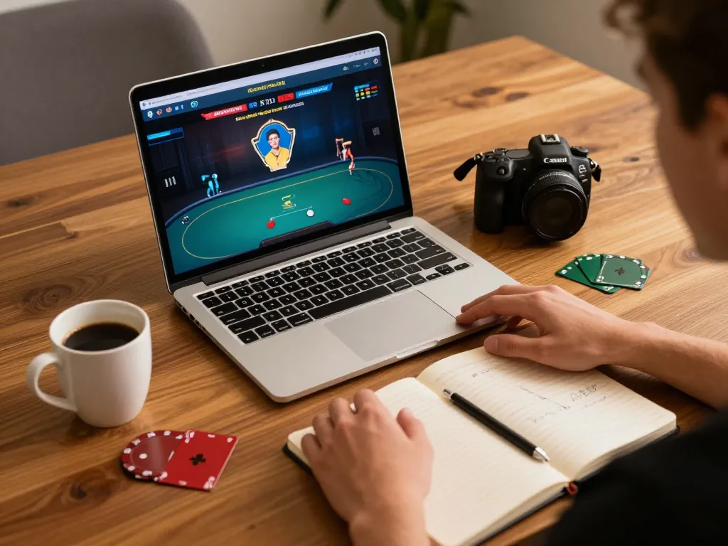 Engaging in online poker with 98win at a cozy home setup, showcasing strategic gameplay.