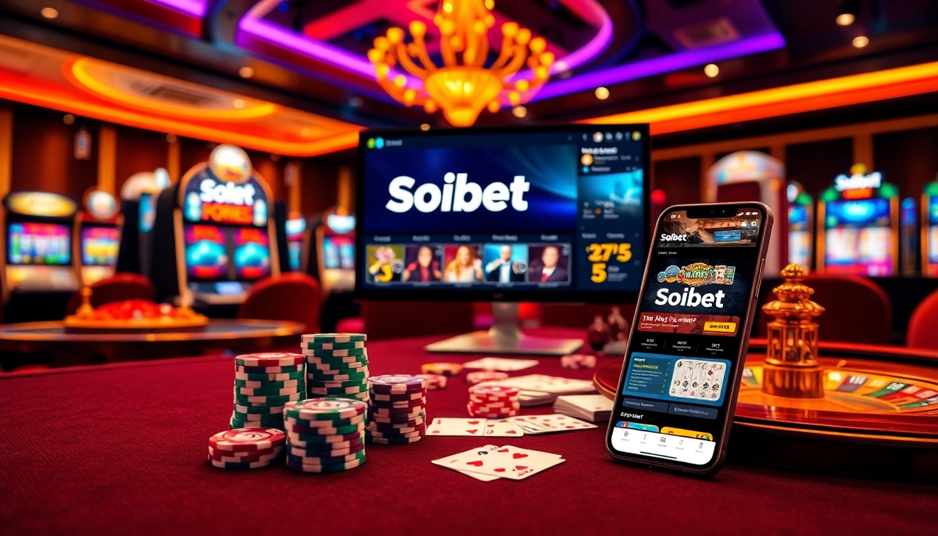 Experience the thrill of gaming at Soibet with poker chips and roulette table.