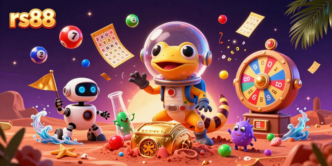 Engage with rs88's vibrant Martian gaming scene featuring a gecko amidst lottery balls and golden prizes.