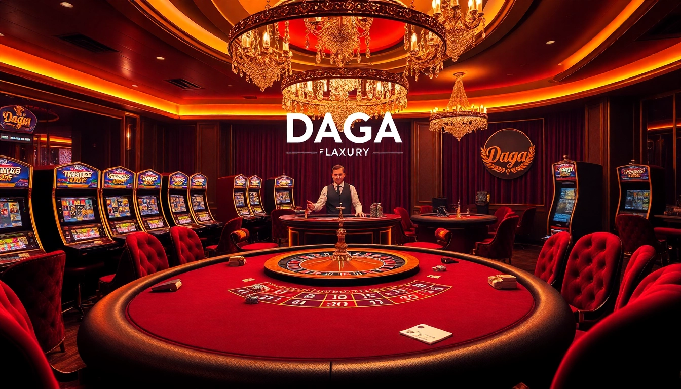 Daga players enjoying high-stakes poker at a luxurious casino table surrounded by vibrant slot machines.