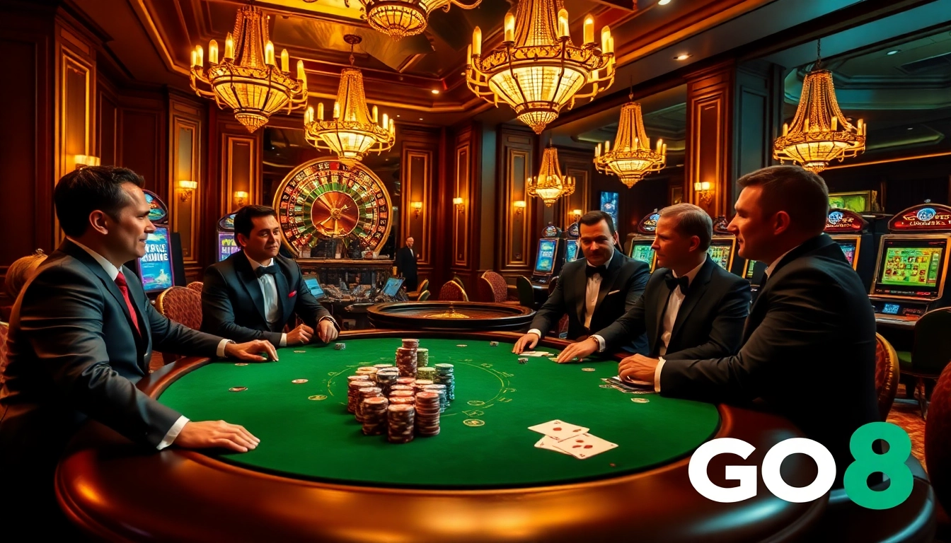Players engage in a high-stakes poker game at GO8's luxurious casino.