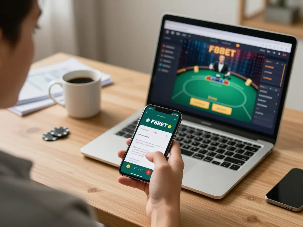 Engaging with F8BET app for an immersive online gambling experience at home.