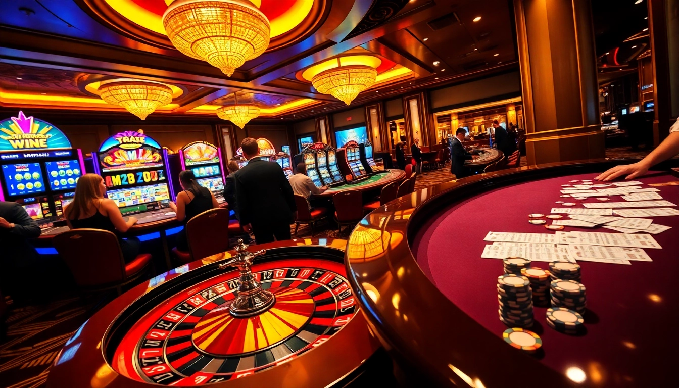 Players are enjoying a vibrant gambling atmosphere at TG88 casino, with roulette and slot machines.