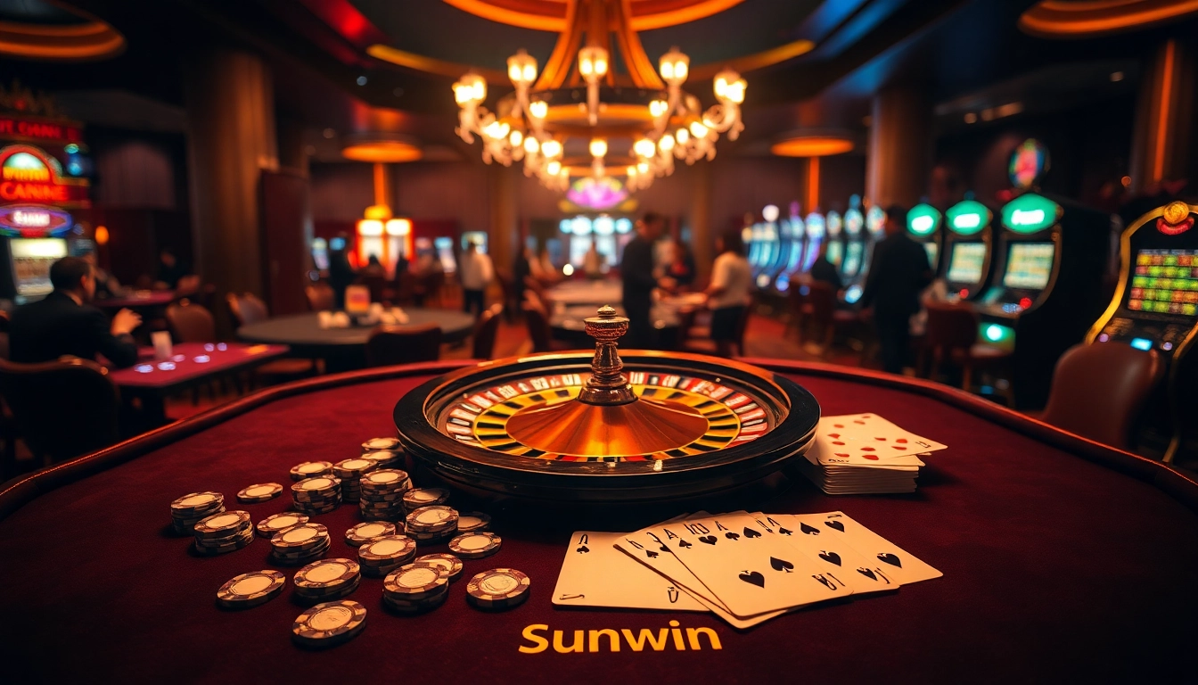 Sunwin casino scene with roulette wheel, playing cards, and vibrant chips in a luxurious setting.