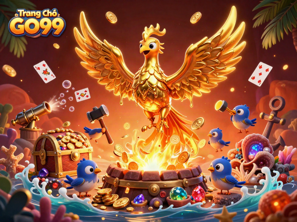 Engage with the vibrant world of Trang Chủ GO99 featuring a golden phoenix amid treasures.