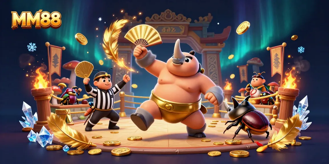 Experience thrilling gameplay at MM88 with a dynamic 3D illustration featuring cartoon beetles in a casino arena.