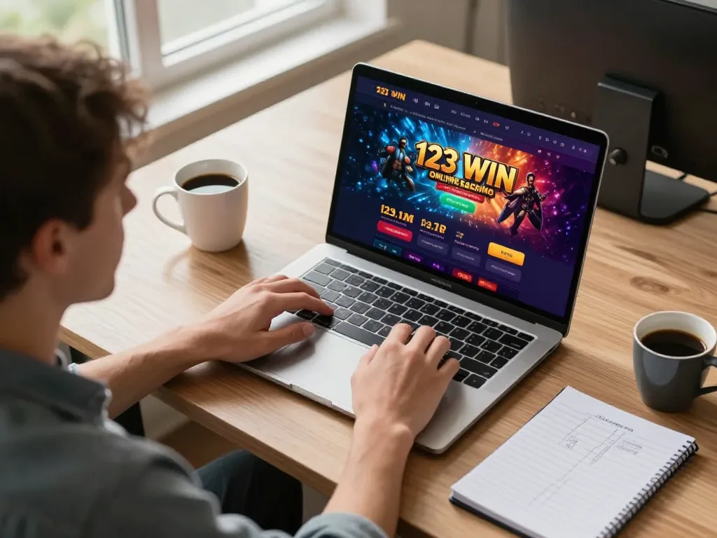 Engaging online gaming scene featuring 123 Win casino interface on laptop with player immersed in action