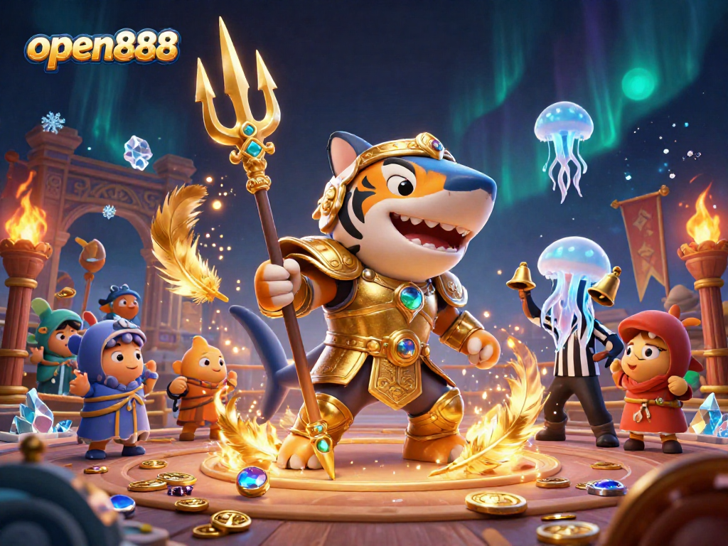 Engage with open888's thrilling underwater casino scene featuring a gladiator shark and vibrant elements.