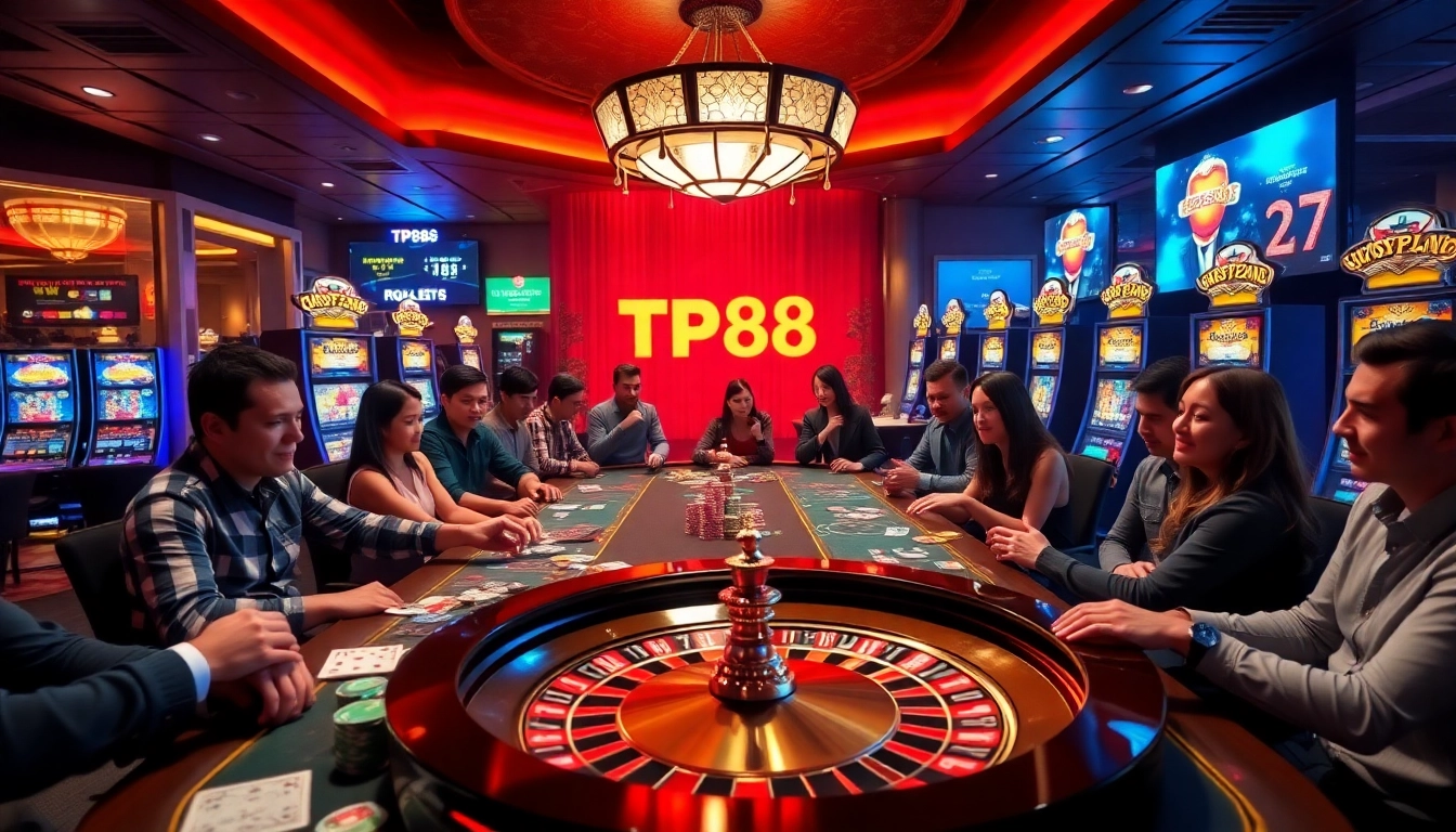 Engaged players enjoy gambling at a luxurious table, highlighting the TP88 gaming platform.