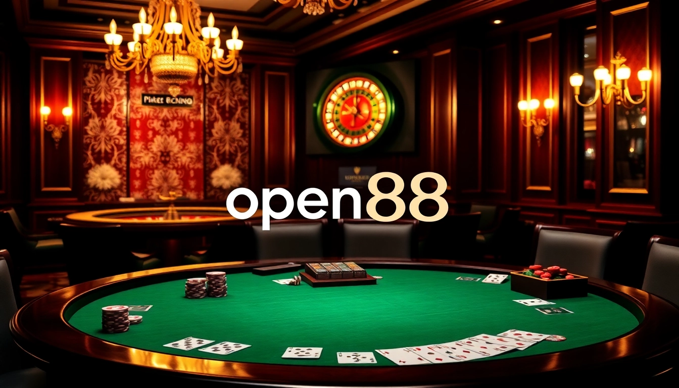 Engaging gamblers at an open88 casino table, showcasing chips and cards in an exciting scene.