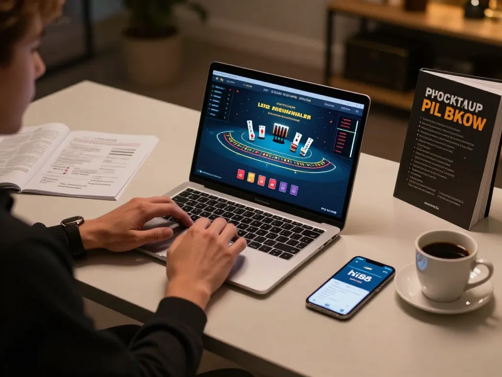 Player using hi88 online gambling app on a laptop, engaging in live blackjack.
