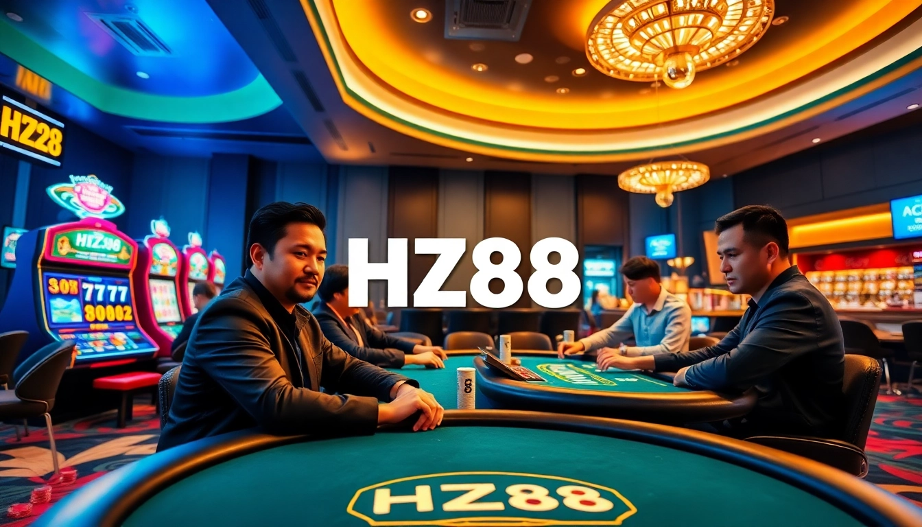 HZ88 casino scene highlighting players at poker tables with vibrant slot machines.
