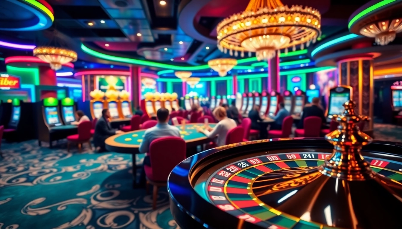 Experience the thrill of debet win at a luxurious casino with live tables, poker chips, and vibrant slot machines.
