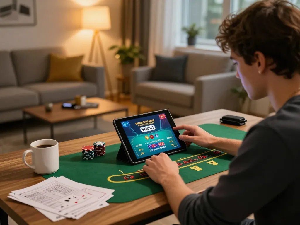 Engaged player absorbed in 789Club blackjack session on tablet, showcasing responsible gaming atmosphere.