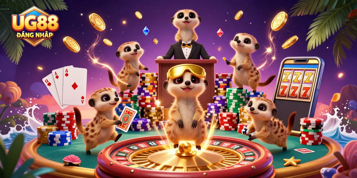 Engage with UG88 ĐĂNG NHẬP as meerkats run an exciting casino, showcasing chips and spinning wheels.