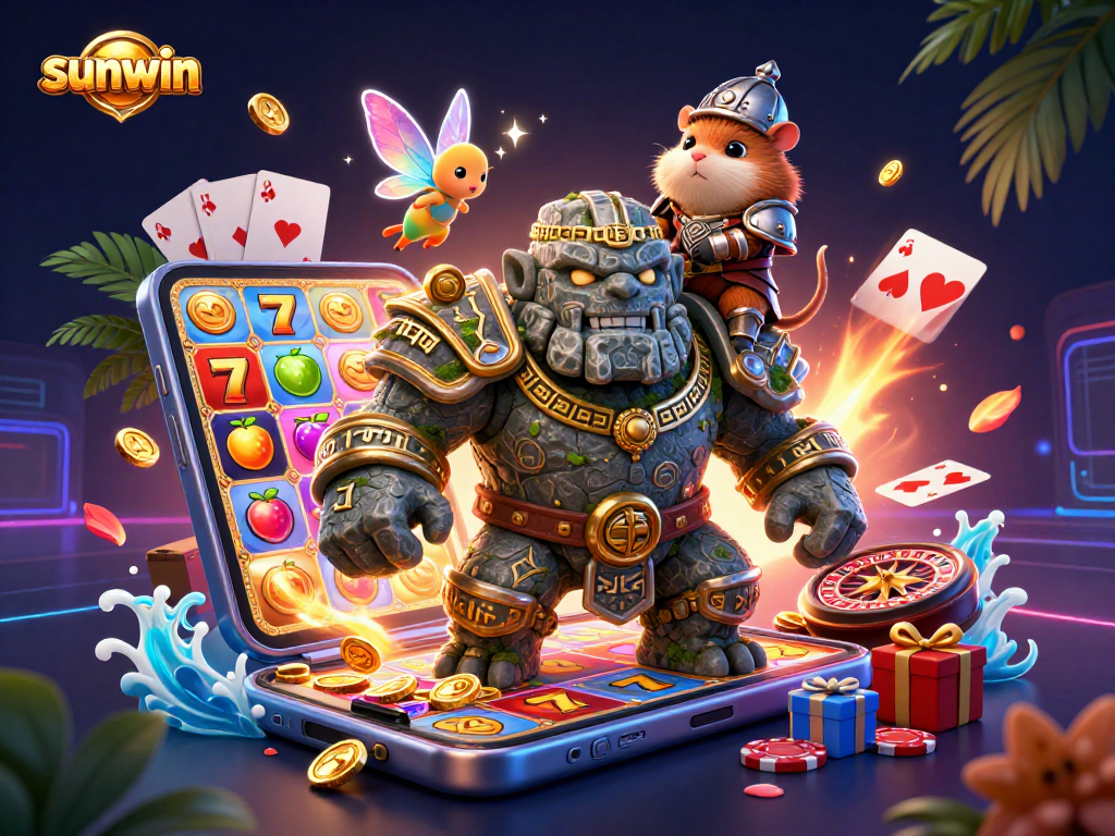 Experience sunwin with an engaging scene of a golem, fairy, and hamster knight amidst vibrant casino elements.