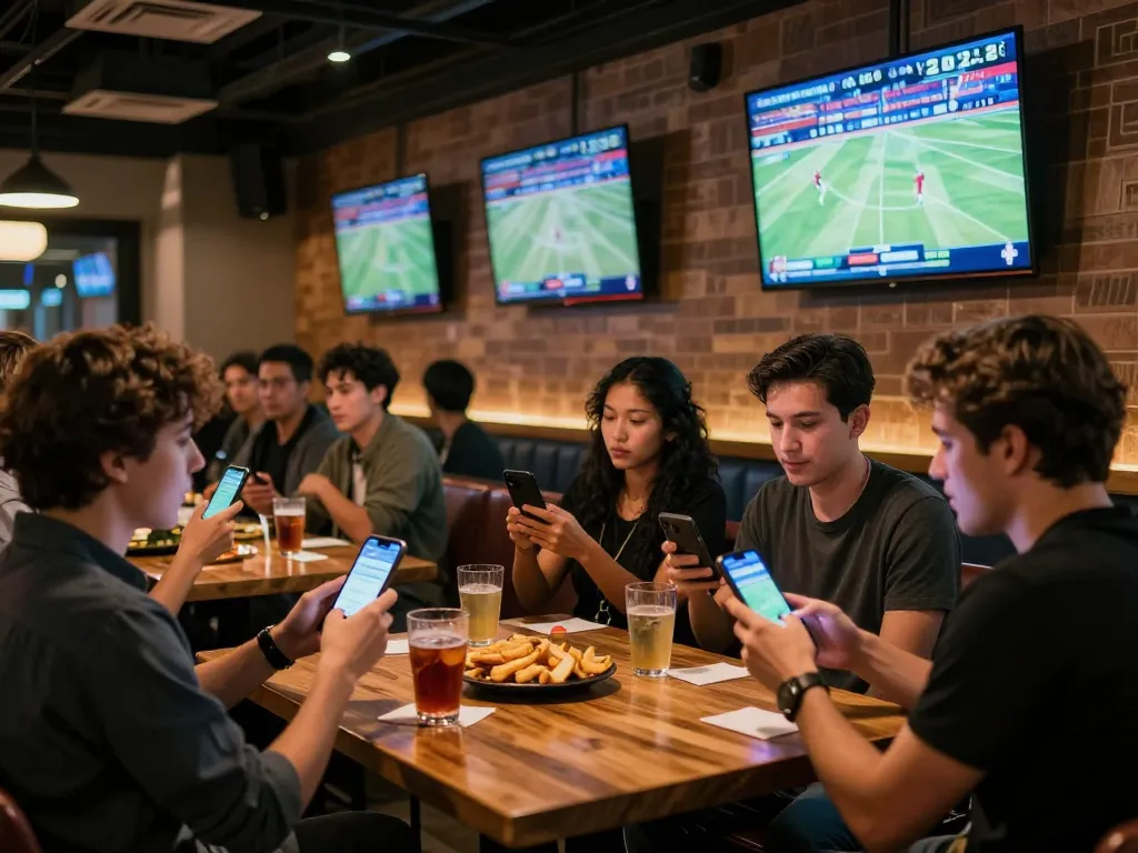SOC88 patrons engaging in live sports betting at a trendy bar while discussing odds and strategies