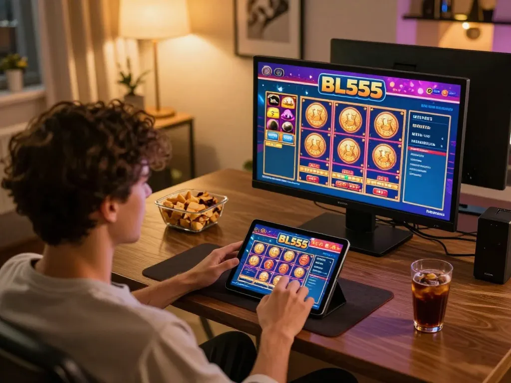 Player engaging with the BL555 casino on a tablet, showcasing an inviting online betting atmosphere.