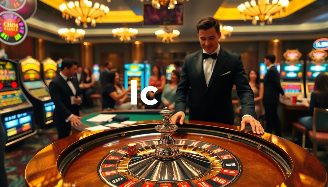 Experience thrilling gameplay at lc88, featuring a luxurious casino table with roulette and vibrant slot machines.