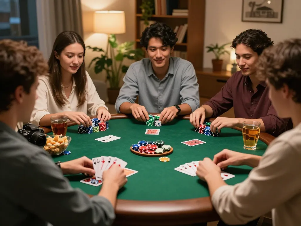 Friends play poker in a cozy home setting showcasing Au88 gaming atmosphere.