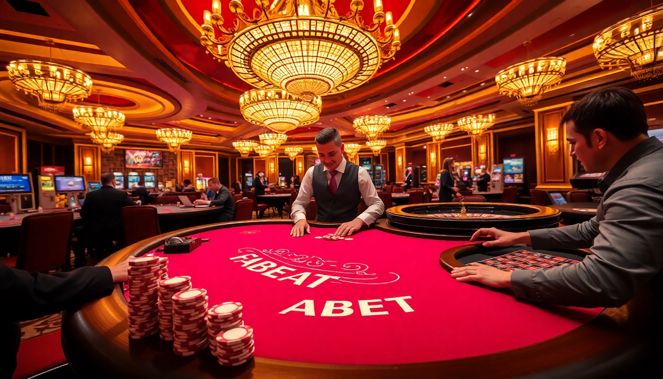 FABET casino gaming table with vibrant atmosphere, professional dealers, and poker chips.