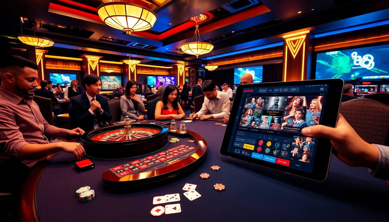 Players enjoying a thrilling game at UU88 casino with vibrant roulette and poker elements.