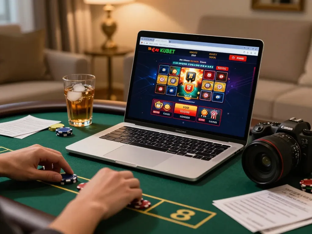 KUBET online gaming setup with laptop showing casino bets and a cozy home ambiance