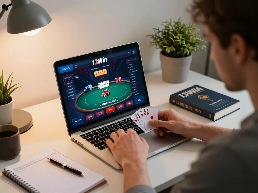 Player analyzing 13Win poker strategy at home, engaging with online gaming interface