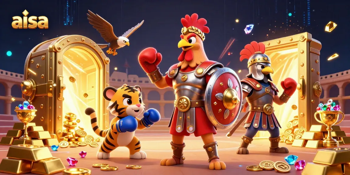 Engage with aisa through thrilling gambling elements featuring a lively rooster and tiger cub.