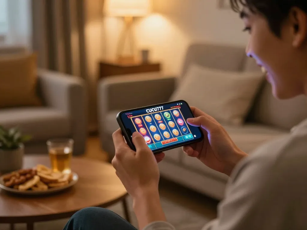 Player enjoying the CUCU777 online slots experience on a smartphone in a cozy home setting.