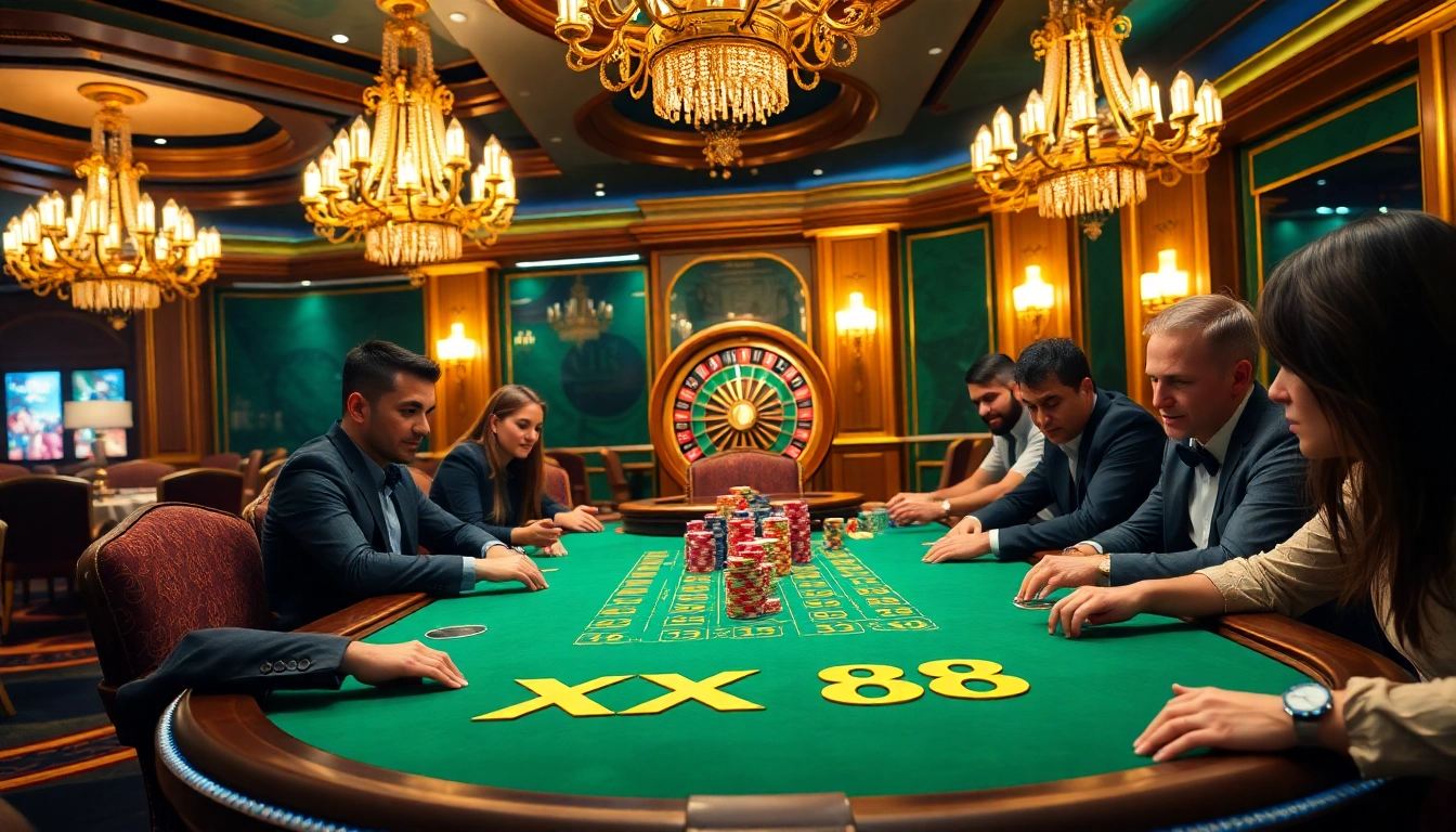 Intense poker game at XX 88 casino showcasing vibrant chips and enthusiastic players.