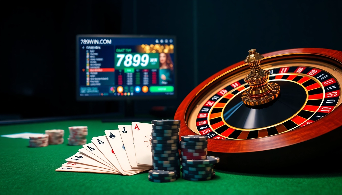 Experience thrilling gaming action at 789WIN.COM with poker chips and roulette lights.