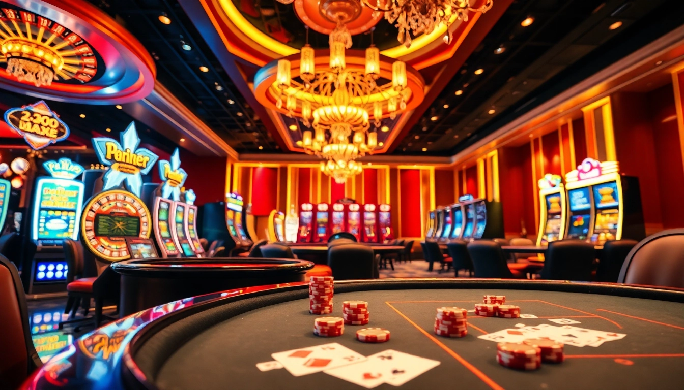 Exciting gaming scene at mmoo.de.com showcasing roulette, slot machines, and poker action.
