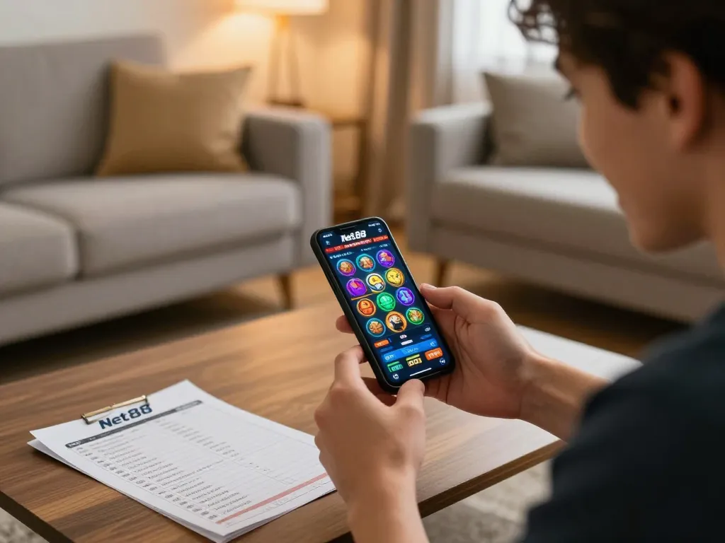 Engaged player using Net88 app on smartphone for betting in a cozy setting.