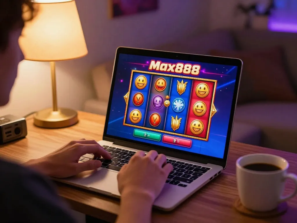 Max88 player engaging with an online slot game interface at home for strategic gaming.
