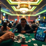 NK88 casino environment featuring players engaged in thrilling games, showcasing high-stakes poker and vibrant gaming atmosphere.