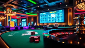 Experience the thrill of winning at 888now with vibrant casino gaming tables and roulette.