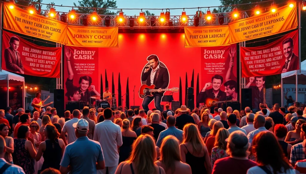 Joyful celebration scene at johnnycashbirthday.com event honoring the legacy of Johnny Cash.