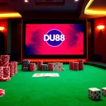 Experience high-stakes gambling at DU88 with vibrant casino tables, cards, and chips.