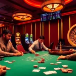 uu88 players engaging at a professional casino table with vibrant slot machines in the background.