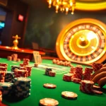 IWIN68 poker table scene showcasing excitement and luxury in gambling, with vibrant colors and elegant ambiance.