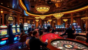 A vibrant casino scene that embodies 65A with energized players at tables and slot machines.