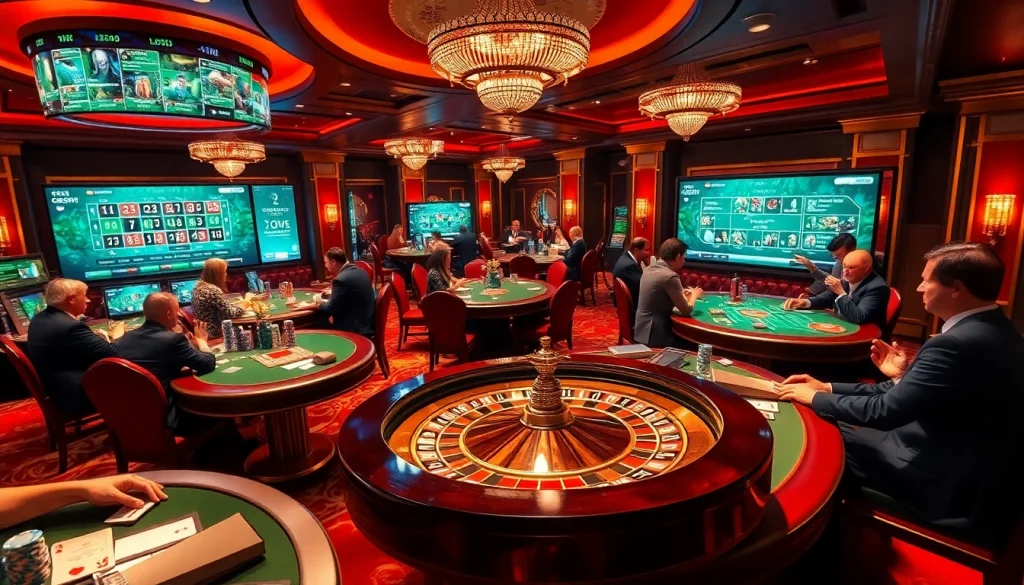 Players enjoying various games and high-stakes excitement at 789club's luxurious casino.